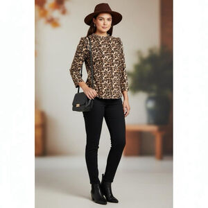 Hayden Brown Leopard Print Ruffle High Neck Pullover Blouse Sweater Size Large